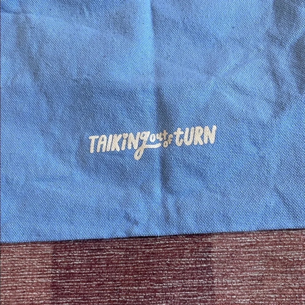 Thinking Out Of Turn Blue Mini Tote Bag with Smiley Flower Design Quote